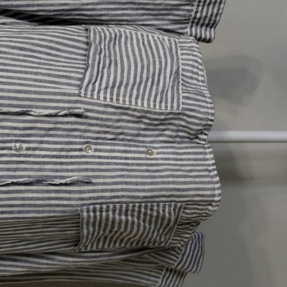 Tahari Button Down Linen Jacket Medium Blue White Stripe Hood Long Sleeve - Picture 3 of 8
